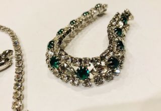 VINTAGE RETRO GREEN Clear RHINESTONE Parure BRACELET Necklace Clip Earrings 6