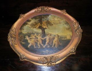 Vintage Oil Painting On Board Cherubs Dancing Around A Tree Oval Framed 20 "
