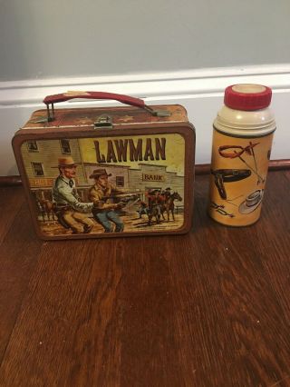Vintage Early 1960’s Lawman Metal Lunchbox With Thermos (no Lid)