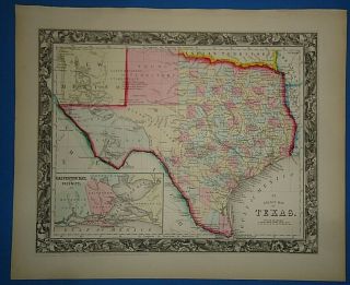 Vintage Circa 1860 Texas Map Old Antique Vibrant Hand Colored Atlas Map
