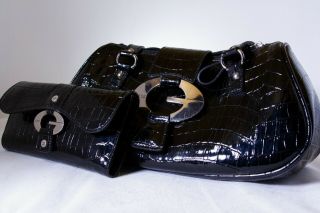 Vintage Guess Purse And Wallet Set In Faux High Gloss Black Crocodile Skin