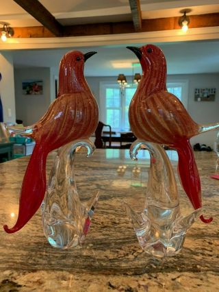 Stunning Pair Murano Art Glass Song Birds