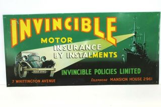 Vintage Invincible Motor Insurance Sign Great Graphics Car Ship