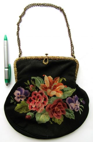 Large Antique Edwardian Hand Embroidered Petit Point Tapestry Bag Purse Ca.  1910