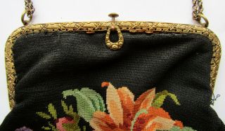 LARGE Antique Edwardian Hand Embroidered Petit Point Tapestry Bag Purse ca.  1910 2