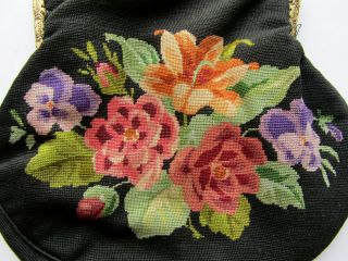 LARGE Antique Edwardian Hand Embroidered Petit Point Tapestry Bag Purse ca.  1910 3