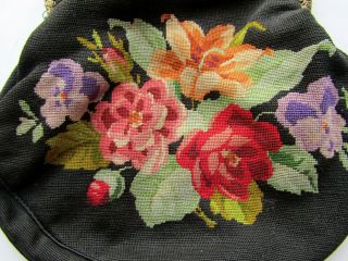 LARGE Antique Edwardian Hand Embroidered Petit Point Tapestry Bag Purse ca.  1910 8