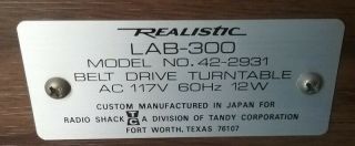 Vintage Realistic LAB - 300 Belt Drive Turntable Radio Shack 3