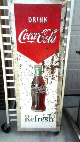 Vintage Coke Metal Sign Dated 1954 56 " X20 " Cola Tin Gas Station Wall Mount Rare