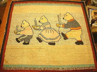 Antique 19thc 3 Bears Hooked Rug