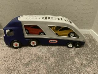 Little Tikes Blue Semi Truck Car Carrier Hauler,  Yellow & Red Cars Usa Vintage