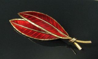 Vintage Scandinavian Sterling Silver Red Enamel Leaf Brooch Ivar T.  Holth Norway