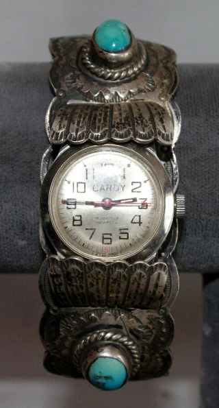 Vintage Navajo Sterling Silver Watch Cuff Bracelet Turquoise Coral B.  Nez