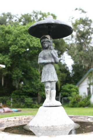 Metal Birdbath Statue Girl Under Umbrella,  Vintage Salvage Water Fountain Top