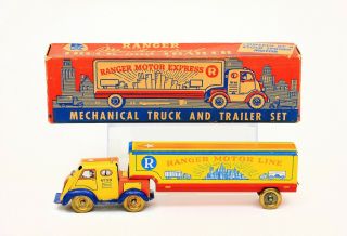 Vintage Ranger Steel Products Ranger Motor Line Truck & Trailer Tin Wind - Up Toy