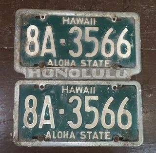 Vtg Matched Pair 50s - 60s Hawaii Aloha State License Plate Plates 6 Digit 8a - 3566