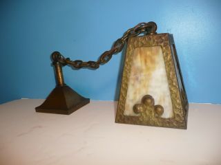 Antique Mission Arts & Crafts Slag Glass Wrought Iron Hanging Ceiling Light 11