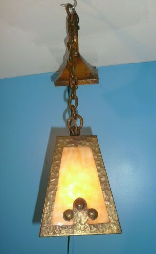 Antique Mission Arts & Crafts Slag Glass Wrought Iron Hanging Ceiling Light