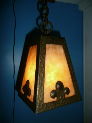 Antique Mission Arts & Crafts Slag Glass Wrought Iron Hanging Ceiling Light 2