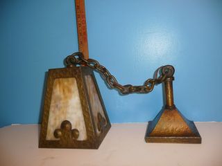Antique Mission Arts & Crafts Slag Glass Wrought Iron Hanging Ceiling Light 7