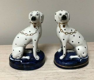 Pair Vintage England Staffordshire Dalmatian Dogs On Cobalt Bases