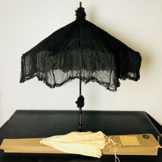 Antique Vtg Victorian Umbrella Parasol Black Gothic Wood Carved Handle 1800’s