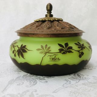 Vintage Italian Veler Cased Art Glass Bowl 1950 Murano Mcm Green Brown Lidded 6”