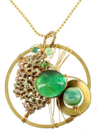 Vintage Organic Mid Century Brutalist Eames Glass Abalone Pendant Necklace 30 "