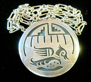 Vintage Signed Native American Hopi Sterling Silver Overlay Pendant Brooch Chain 3