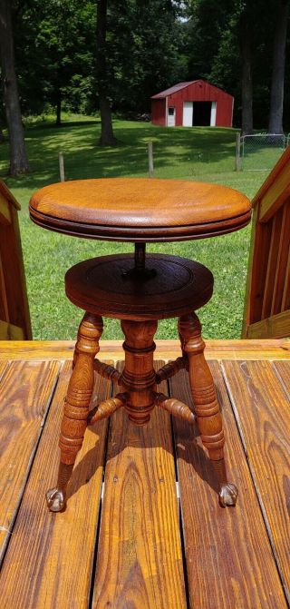 Antique Piano Stool Chas Parker Co.  Victorian Vtg.  Wood.  Glass Ball Feet.