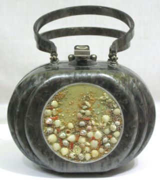 Vintage Round Grey Lucite Handbag W Sea Shell Cartouche On Front Exceptional