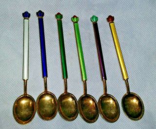 Set Of 6 Vintage David Andersen Guilloche Enameled Sterling Silver Demi Spoon