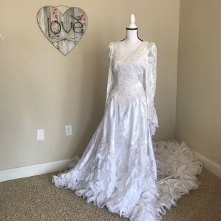 Vintage Bonny White Beaded Wedding Gown Dress Long Train Ruffles Sequins Size 12