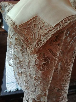Vintage Italian Beige Needle Lace Banquet Tablecloth & 12 Napkins 68 X 100