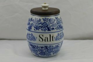 Vintage Blue Onion Canister Salt Wood Lid Germany 7818 Blue
