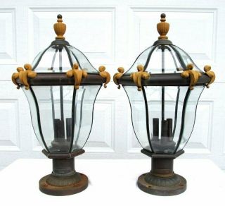 Pair Vintage Gothic French Hinkley Cast Brass Outdoor Lantern Street Post Light