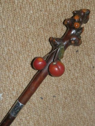 Antique Ladies Walking Cane H/m 1915 Rustic Branch Handle W/ Dyed Amber Cherries