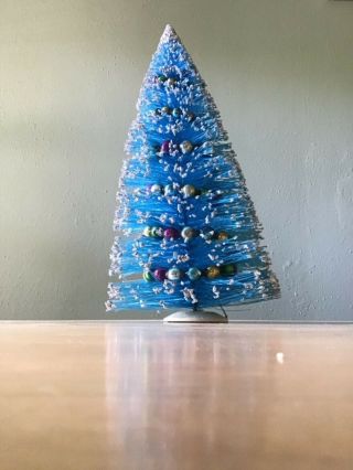 Vtg 13 " Flocked Blue Bottle Brush Xmas Tree With Ornaments 1940s