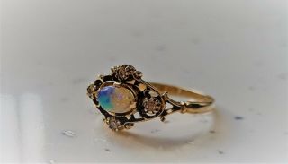 9ct Yellow Gold Opal And Diamond Ring - Vintage