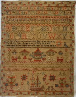 Early 19th Century Sailing Ship,  Motif & Verse Sampler By Mary Williams - 1828
