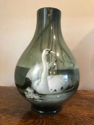 Antique Lenox American Belleek Porcelain Vase Green W/ Swans