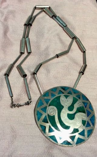 Huge Vintage Necklace By Graziella Laffi Peru Sterling Turquoise Cat? Monkey?