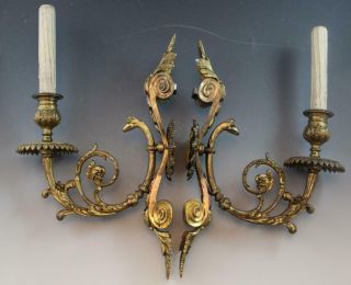 Pair French Empire Gilt Bronze Griffin Single Light Candle Sconces Electrified
