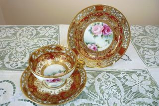 Gorgeous Antique Noritake Trio Pedestal Cup Saucer Plate Roses Gilding Jewelled