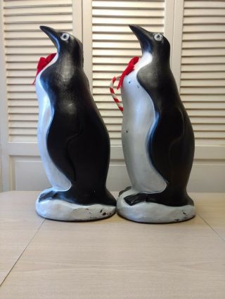 Christmas Penguin W/ Red Bows Blow Mold - Set Of 2 - Union - Vtg - 23 