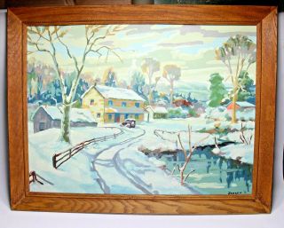Vtg 1955 Paint By Numbers Country Winter Snow House Car Auto Framed 21x27 Signed