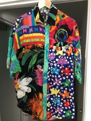 Vintage Jams World Surf Line Mens Multicolor Abstract Vibrant Hawaiian Shirt M/l