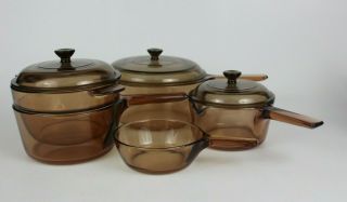 Vtg 8 - Piece Set Vision Corning Ware Amber Double Boiler/.  5l,  1l,  2l Saucepans