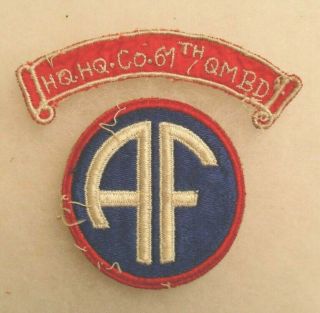 Very Rare Wwii Italian Made Tab " Hq.  Hq.  Co.  67th Qmbd " On Red Silk & Af Patch