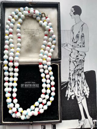 Vintage Art Deco Flapper Necklace 1920s White Milk Glass Harlequin Beads Summer